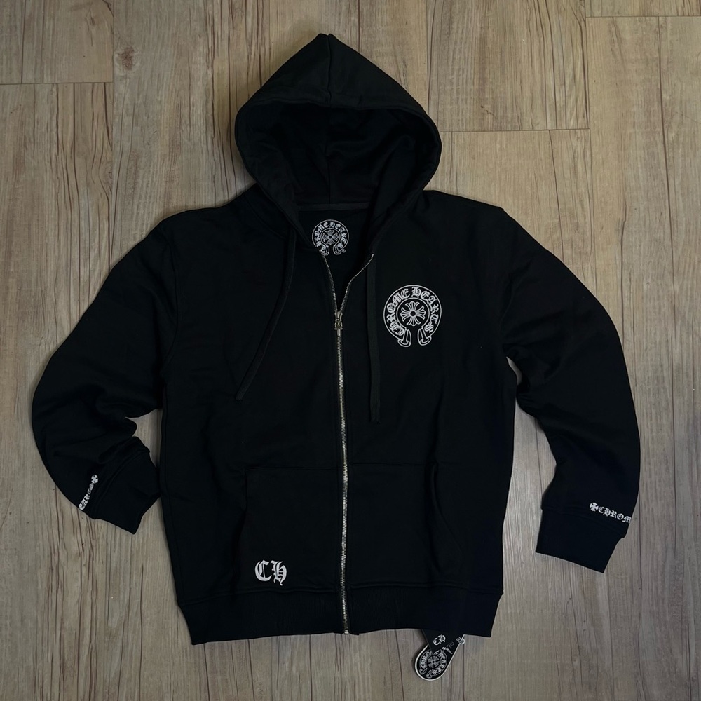 Black Zip-Up Hoodie with White Crest Logo